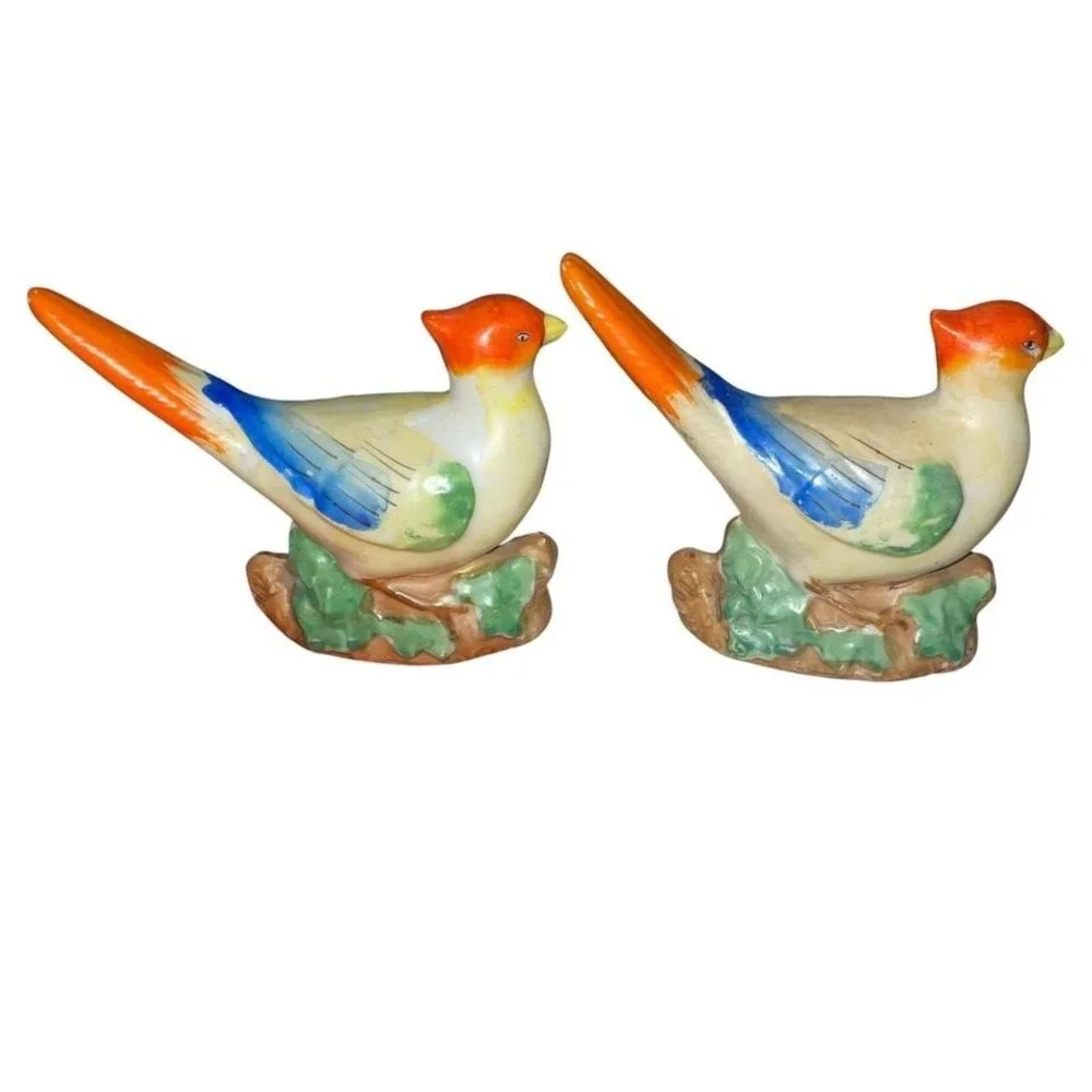 Vintage MCM Japan Ceramic Bird Figurines Pair Colorful 1960s Retro‎ Shelf Decor